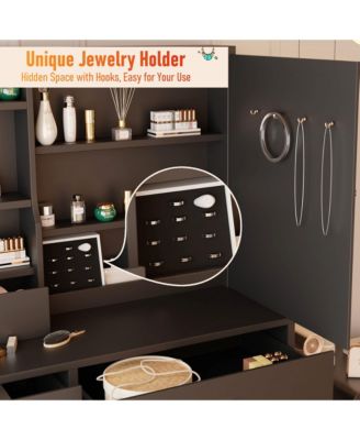 Vanity Desk with Sliding Mirror, LED Lights, Charging Station