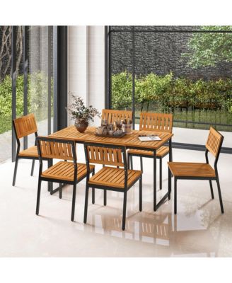 7 PCS Outdoor Dining Set for 6 Acacia Wood Rectangular Table and 6 Armless Chairs
