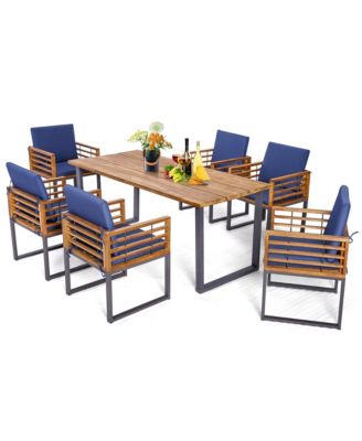7PCS Acacia Wood Patio Dining Set Cushioned Dining Chair and Table Set w/ Umbrella Hole