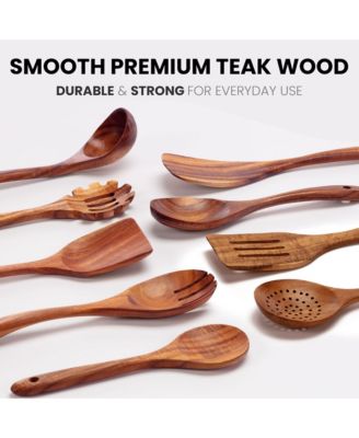9-Piece Smooth Finish Natural Teak Wooden Utensils for Cooking