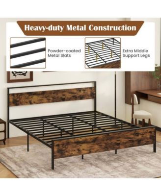 Metal Bed Frame Industrial Platform Bed with Wooden Headboard