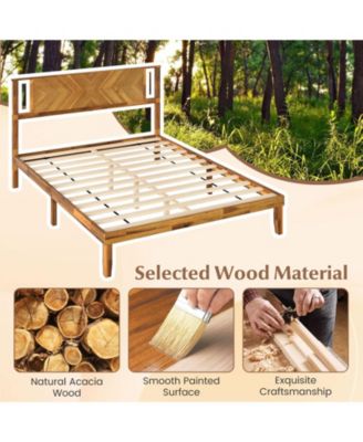 Bed Frame Mid-Century Acacia Wood Platform Bed with Headboard