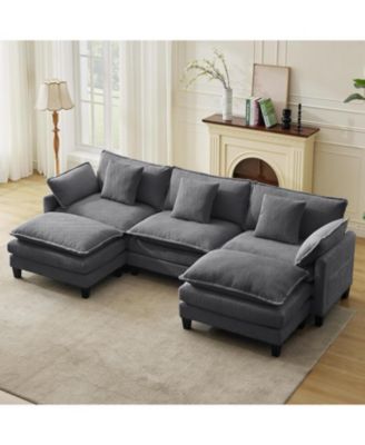112" Modular Sectional Sofa, U-Shaped Corduroy Cloud Couch with Ottoman and Pillows, Deep Seat