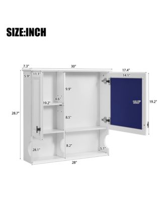 30" Wall Mounted Mirror Medicine Cabinet with Open Shelves, Doors and Adjustable Shelf, Bathroom Storage over Toilet