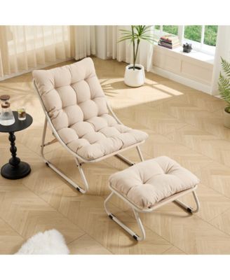 Outdoor Lounge Chair - Sling Recliner Chair with Puffy Cushion and Foot Stool for Living Room, Reading Room, Bedroom