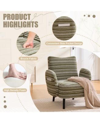 Modern Accent Chair - Sanded Fabric, Side Storage Pocket, Solid Wood Legs for Living Room, Bedroom