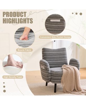 Modern Accent Chair - Sanded Fabric, Side Storage Pocket, Solid Wood Legs for Living Room, Bedroom