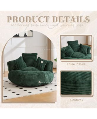 Comfy Lazy Sofa Chair, Corduroy Oversized Bean Bag with Armrest and 3 Pillows, Memory Foam Fireside Chair for Living Room