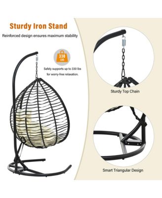 Hanging Hammock Chair, Foldable Rattan Egg Swing Chair with Iron Frame, Plush Cushion and Removable Headrest for Indoor Outdoor