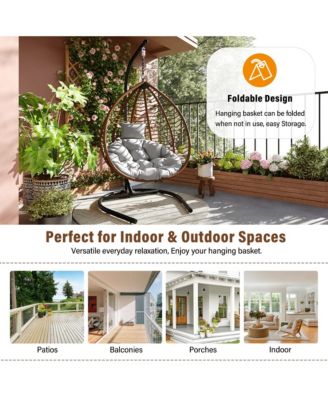 Hanging Rattan Egg Swing Chair, Foldable Hammock Chair with Iron Frame, Comfortable Cushion and Removable Headrest for Balcony