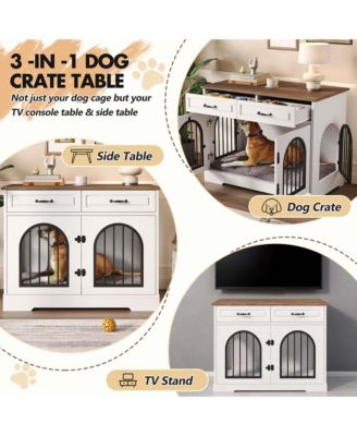 43.3" Dog Crate Furniture with Storage Drawers, Side Doors for Medium Large Dogs, End Table Kennel, WhiteandBrown
