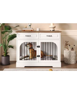 Farmhouse Dog Crate Furniture with Storage and Rotating Bowls, Metal Kennel for Large Dogs, Side Table