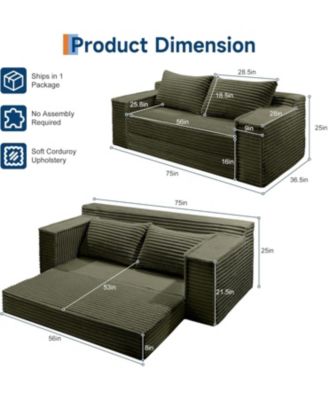 75" Convertible Sofa Bed, Boneless Futon Couch with 2 Pillows, Pull-Out Loveseat Sleeper, No Assembly