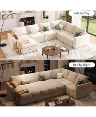 Sectional Sleeper Sofa with Pull-Out Bed, U-Shaped Chenille Modular Couch with Storage and Ottomans