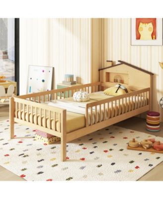 Kids Montessori Bed with House-Shaped Headboard and Built-in Storage Shelf