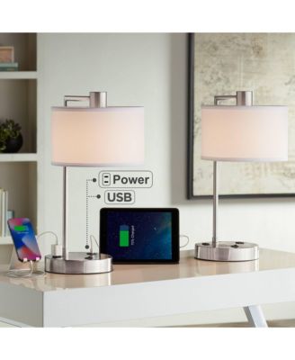 Colby Modern Desk Lamps High Set of 2 Brushed Nickel with USB and AC Power Outlet in Base Drum Shade for Bedroom Office