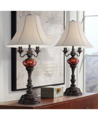Rhys Tall Traditional 3 Way Table Lamps, Bronze Finish with Tortoise Shell Glass, Set of 2