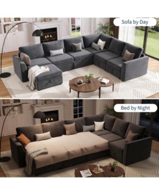 Sectional Sleeper Sofa with Pull-Out Bed, U-Shaped Chenille Modular Couch with Storage and Ottomans