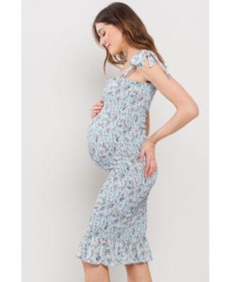 Maternity Floral Smocked Square Neck Bodycon Midi Matertnity Dress with Adjustable Tie Straps