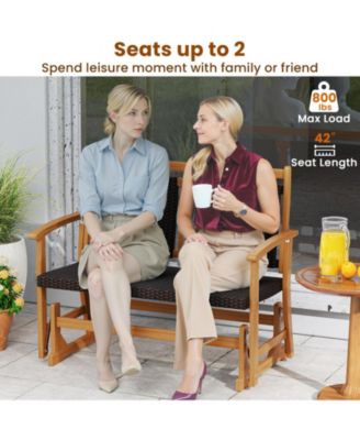 Patio Rattan Glider Bench for 2 with Acacia Wood Frame and Wicker Seat Back