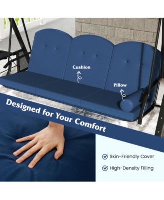 3-Seat Patio Swing Chair Porch Swing with Adjustable Canopy Thickened Cushions Pillow and Foldable Side Trays