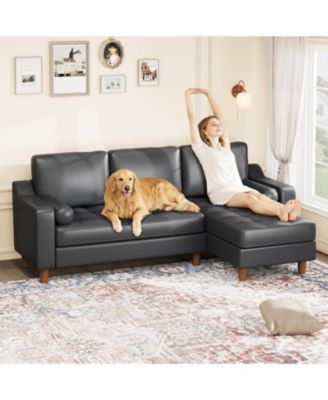 88.9" L-Shaped Leather Sofa with Chaise, Mid-Century Modern 3-Seater Couch