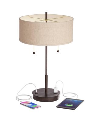 Modern Accent Table Lamps 23.5" High Set of 2 with Hotel Style USB and AC Power Outlet in Base Fabric Drum Shade for Living Room
