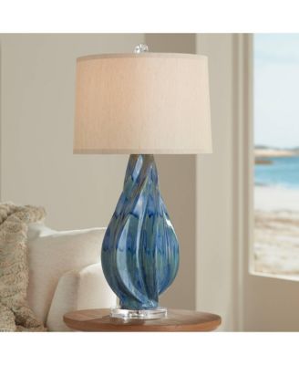 Modern Table Lamp with USB Charging Port 31" Tall Teal Ceramic  Drum Shade Living Room Bedroom Bedside (Color May Vary)