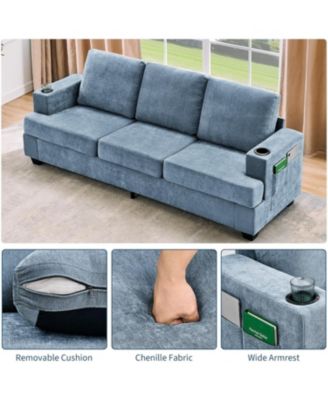 89" 3-Seater Sofa, Chenille Couch with Deep Seat, Cup Holders and Storage Pockets