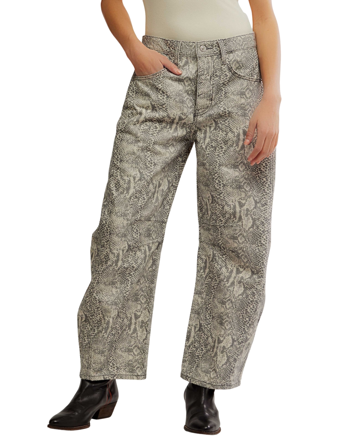 Free People Women's Mid-Rise Printed Barrel Jeans