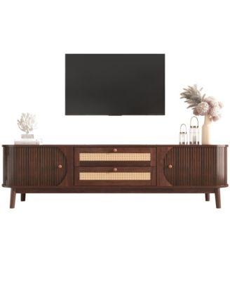 Rattan TV Stand for TVs up to 75'', Modern Farmhouse Media Console with Tambour Sliding Doors and Drawers, Media Console for Living Room