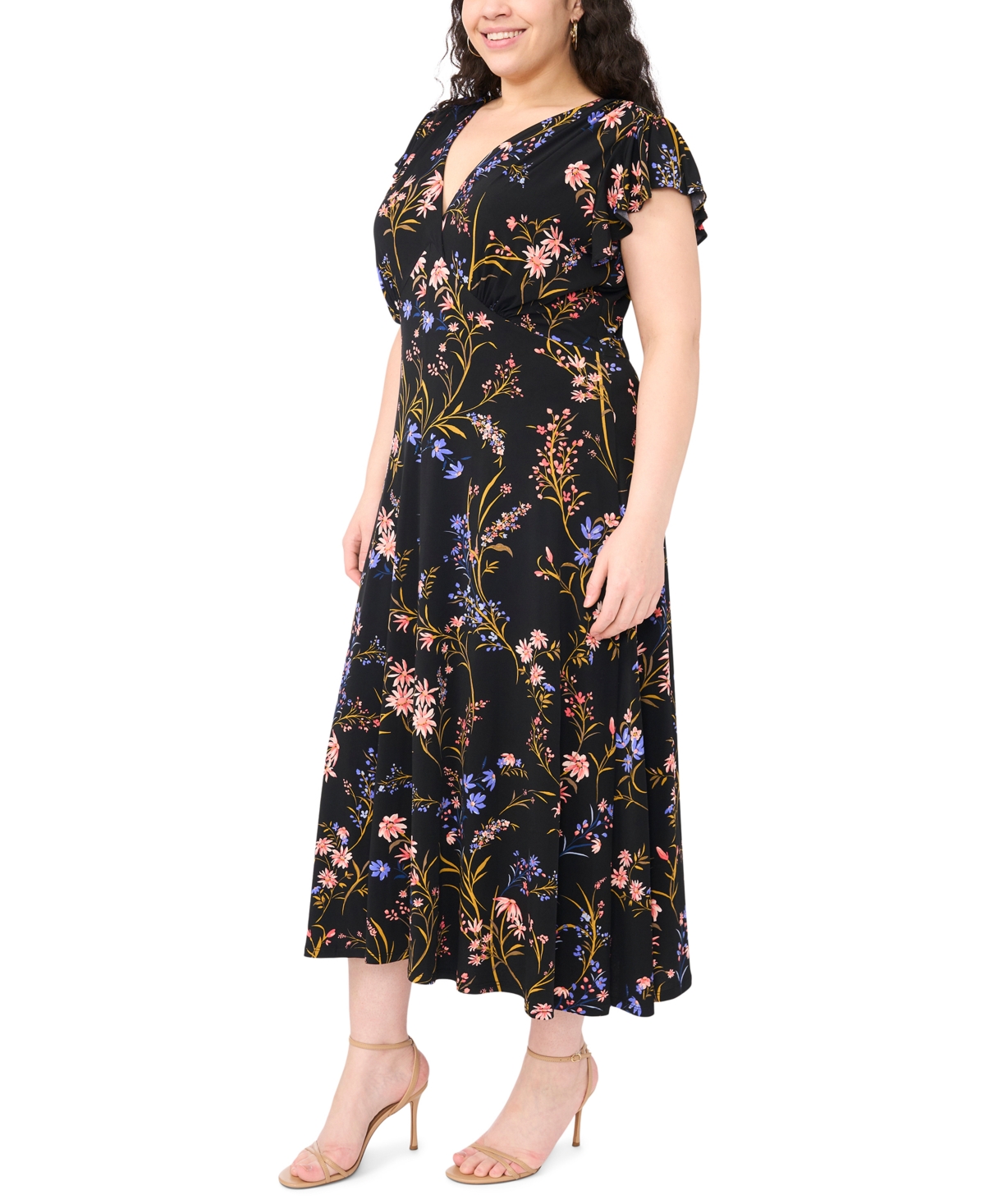 Msk Plus Floral Print V-Neck Midi Dress
