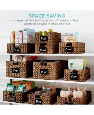 Set of 4 12in Woven Water Hyacinth Pantry Baskets w/ Chalkboard Label, Chalk Marker