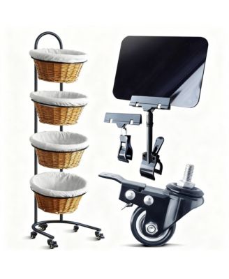 4 Tier Metal Display shelves with Wheels Sign Clips Baskets for Retail Market