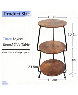 Small Round Side shelf 3 Tier Circular End Table Brown Nightstand Storage Shelf