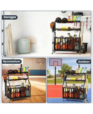 Organizer 37 Gallon Ball Storage Bin Steel shelf Baskets Hooks Elastic Straps Wheels
