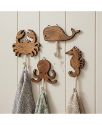 Sea Life Wooden Wall Hooks Set of 4 Handmade Animal Decorative Hooks for Nursery Beach Room