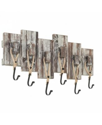 Wall Mounted Torched Wood Coat Rack Nautical Rope Metal Hooks Entryway Storage