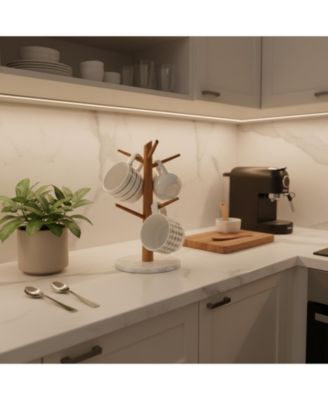 Premium Wood Mug Tree Marble Base 6 Hooks Counter Organizer