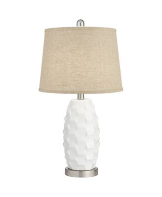Modern Coastal Table Lamps 24 1/2" High Set of 2 Ceramic LED Burlap Drum Shade for Bedroom Living Room House Bedside Nightstand