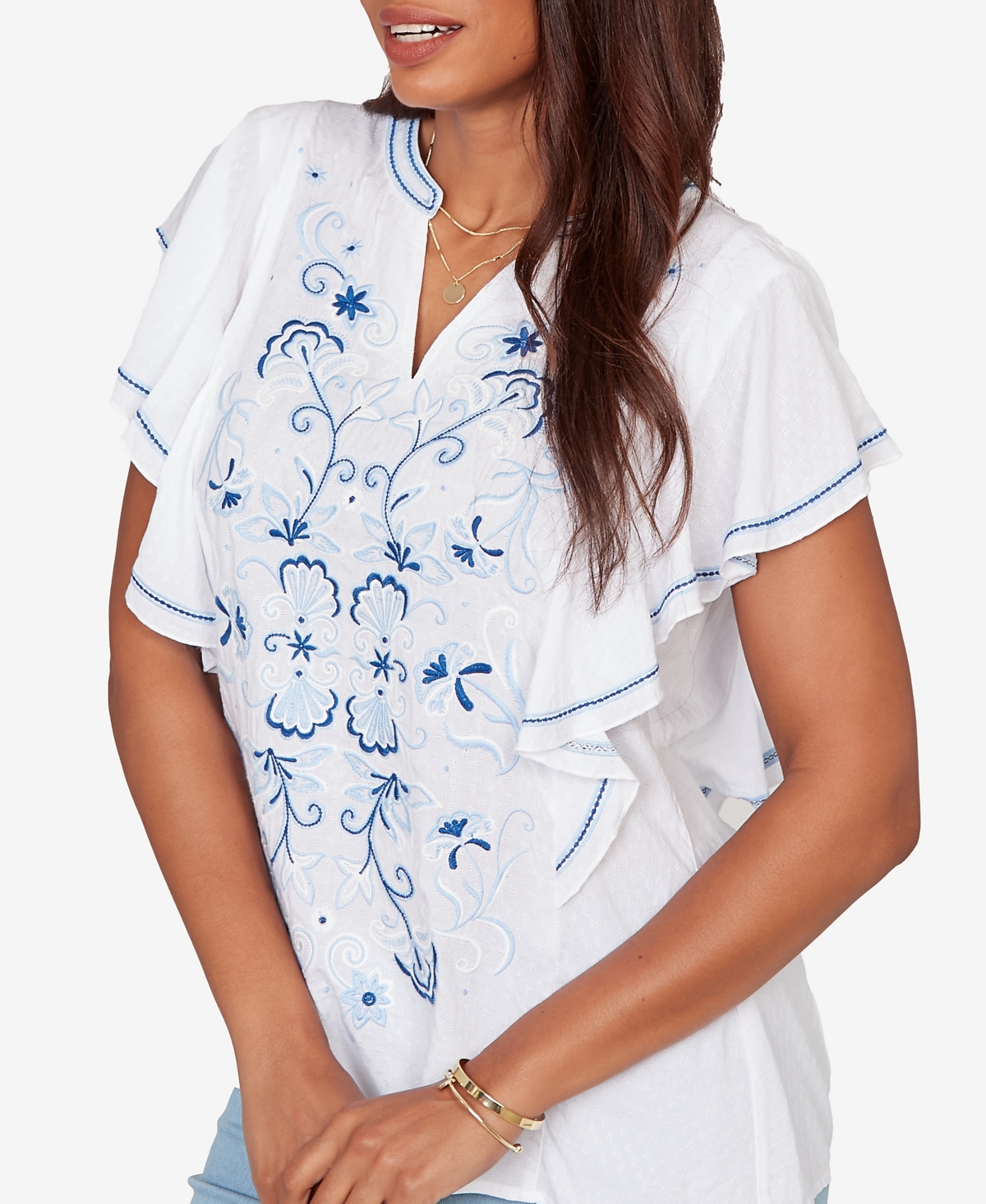 Ruby Rd. Petite Feather-light Embroidered Flutter-Sleeve T-Shirt