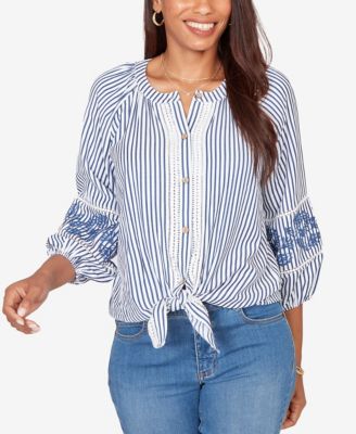 Petite Embroidered Seersucker Tie-Front Henley Top