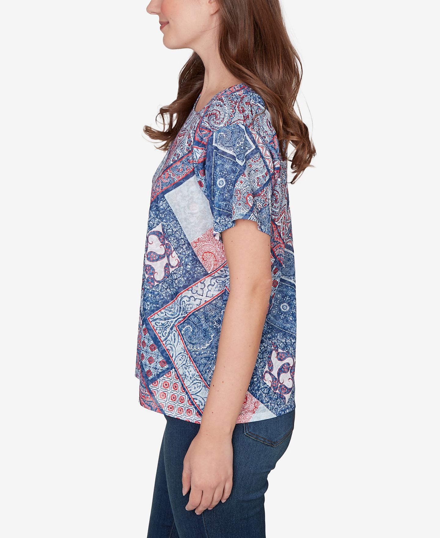 Женская футболка Ruby Rd. Petite Patchwork Shirred Scoop Neck, цвет: Тёмно-синий разноцветный — фото 3
