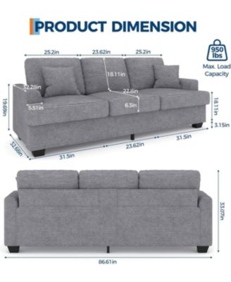 86" Corduroy Sofa, Modern Deep Seat Couch with Pillows and Removable Cover