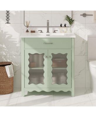 30" Bathroom Vanity with Tempered Glass, Modern Cabinet with Rubber Wood Legs and Soft-Close Doors