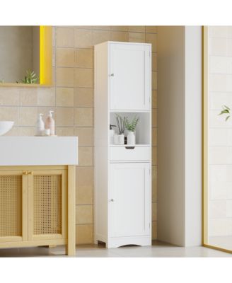 Tall Narrow Storage Cabinet, 2 Doors and 1 Drawer with Adjustable Shelves, Bathroom or Living Room Organizer