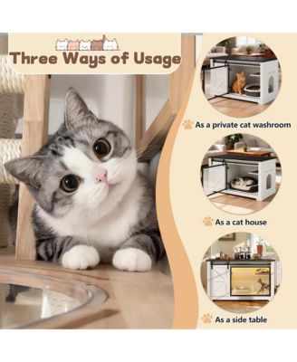 46 in. Farmhouse Cat Litter Box Enclosure with Sliding Barn Door Hidden Cat Cabinet with LED Light Storage