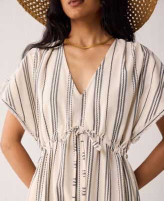 Women's Maxi Gathered Dress with Side Slits in Stripes