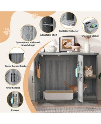 Cat Litter Box Cabinet with Power Outlet Hidden Modern Furniture for Large Automatic Litter Boxes with Litter Catcher
