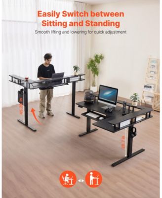 L Shaped Electric Standing Desk 63 x 43 in, Adjustable Height Corner Desk with Keyboard Tray and Power Strip